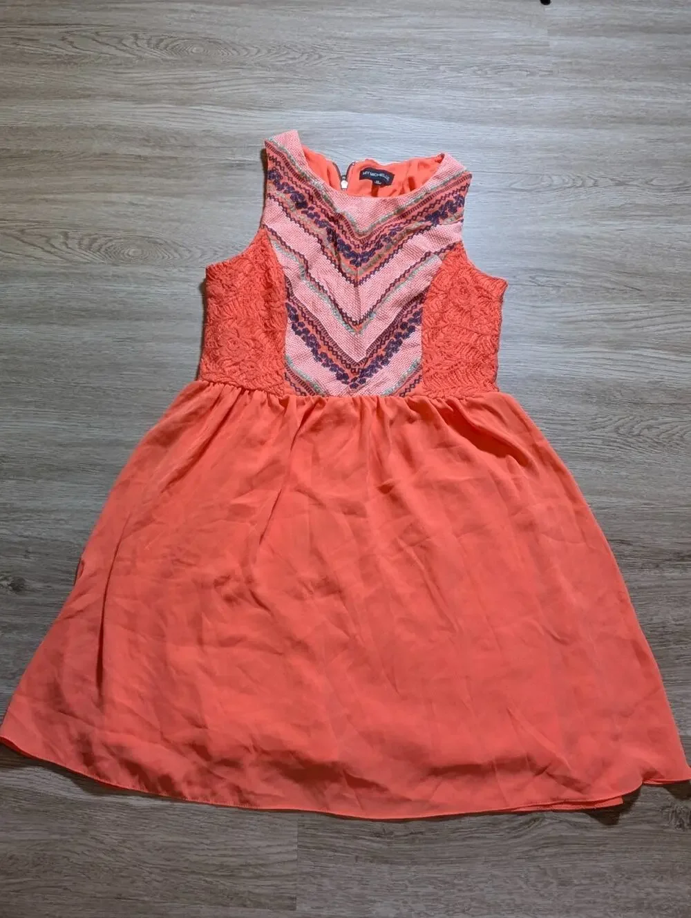 Y2K My Michelle Womens 11 Coral Pink Embroidered Chevron Lace A-Line Dres